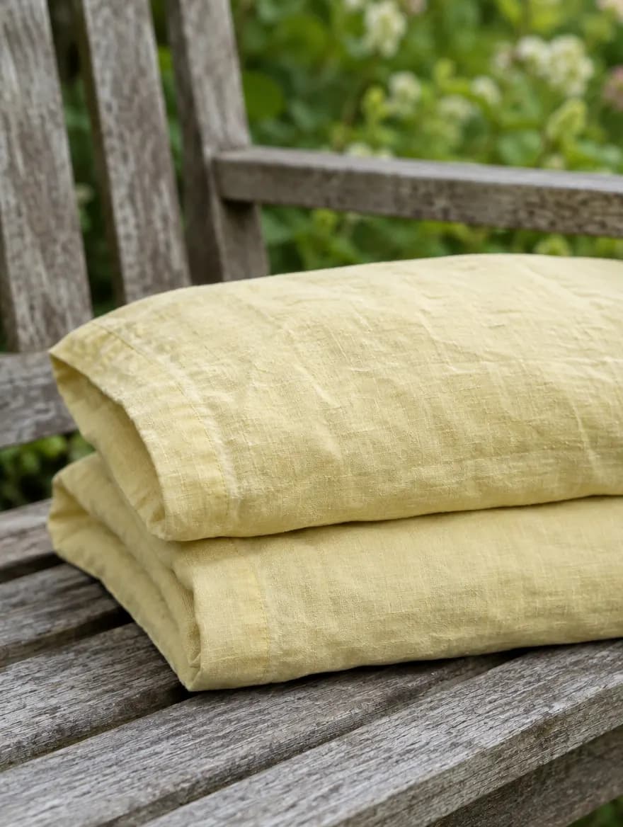 A folded pair of butter-yellow linen pillowcases on a wooden garden bench
