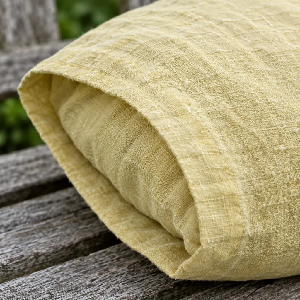 Close view of the envelope closure on a butter-yellow linen pillowcase