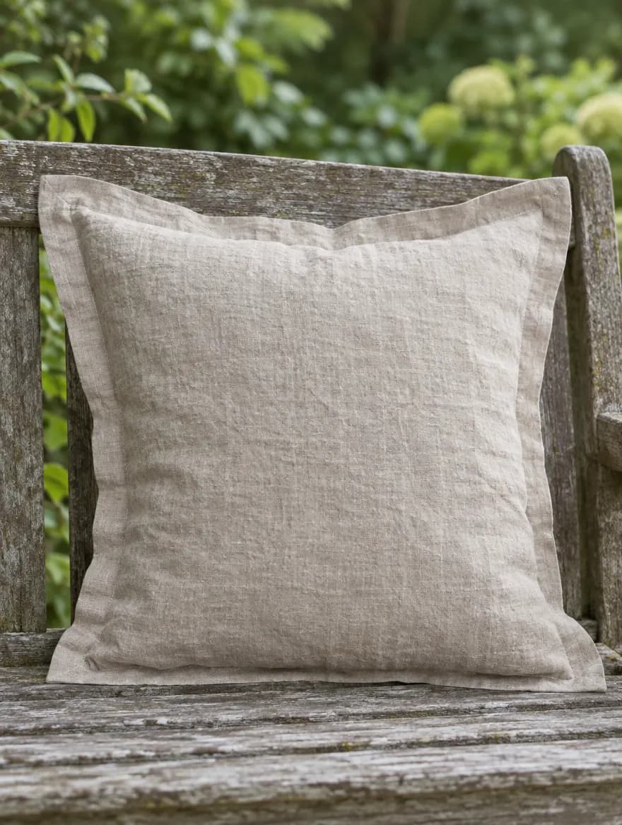 A natural linen euro sham on a pillow, leaning against a garden bench