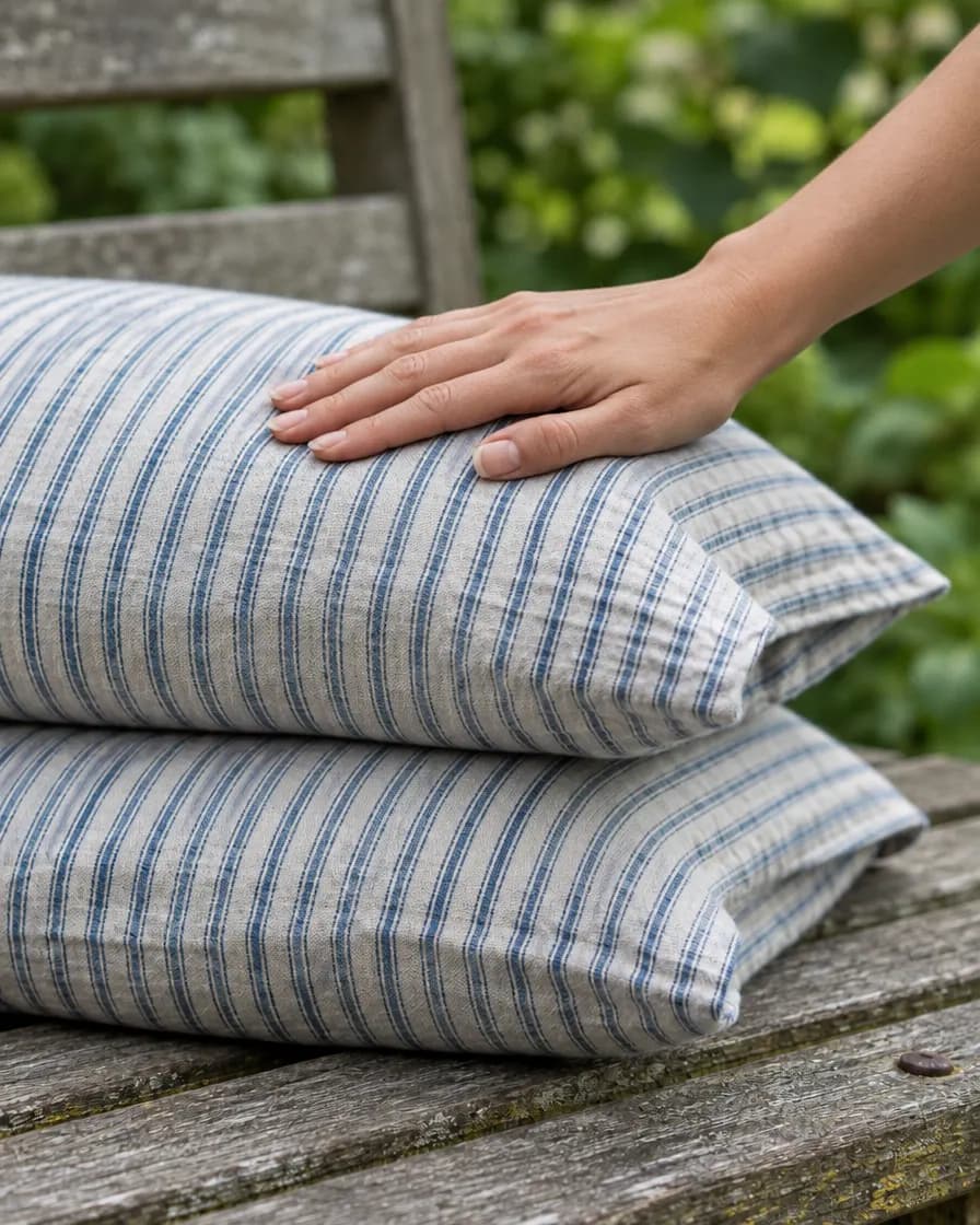 A hand smoothing a ticking-stripe linen pillowcase on a garden bench