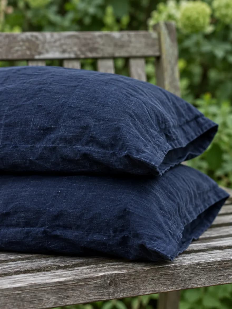 A folded pair of ink-blue linen pillowcases on a wooden garden bench