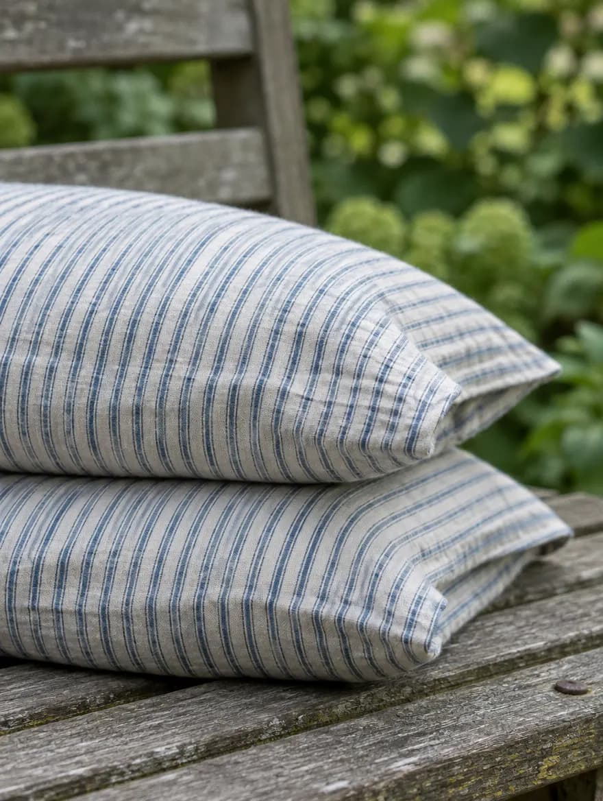 A folded pair of blue and white ticking-stripe linen pillowcases on a garden bench