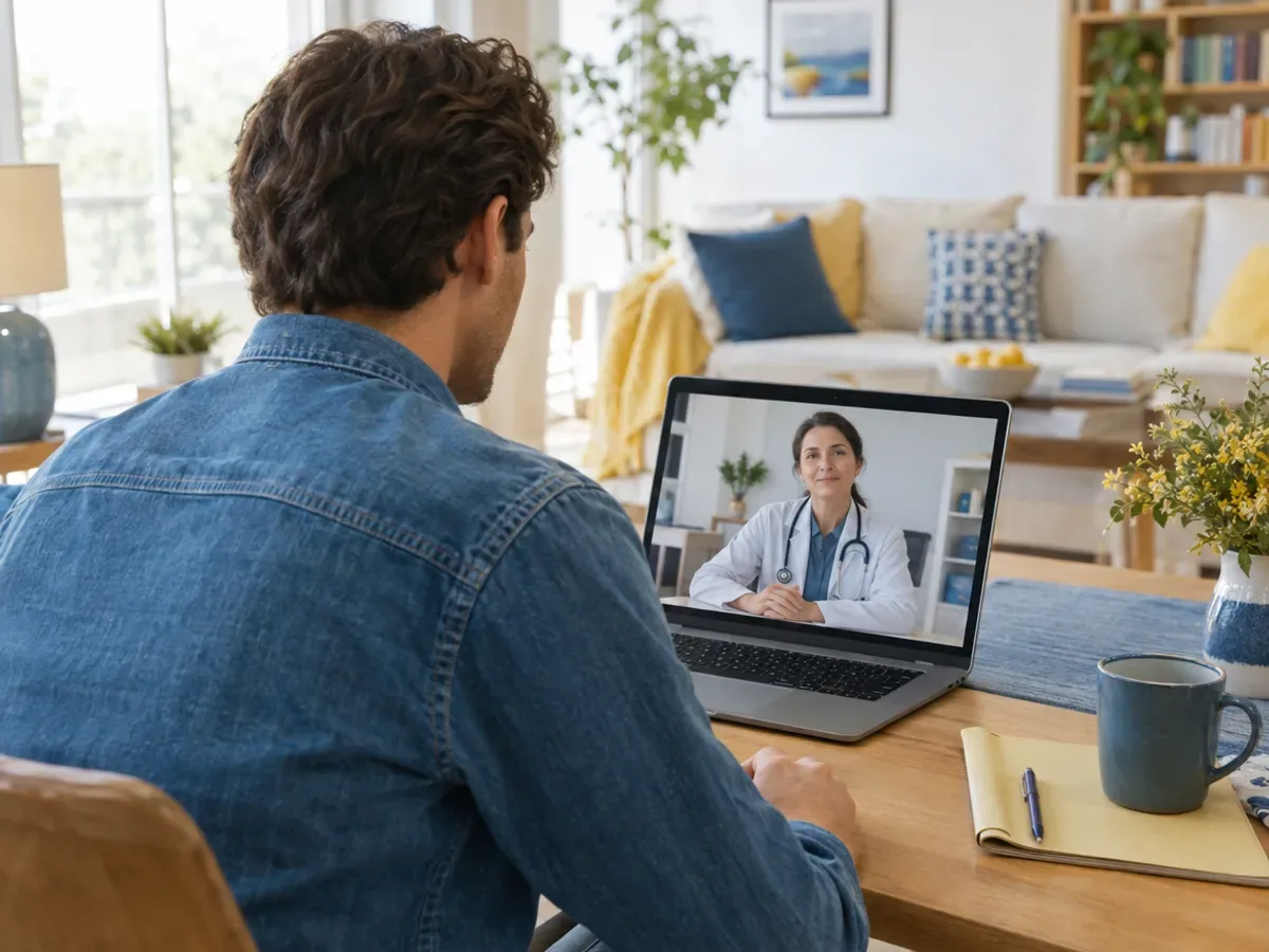 A man in a denim shirt on a video call with a doctor on a laptop