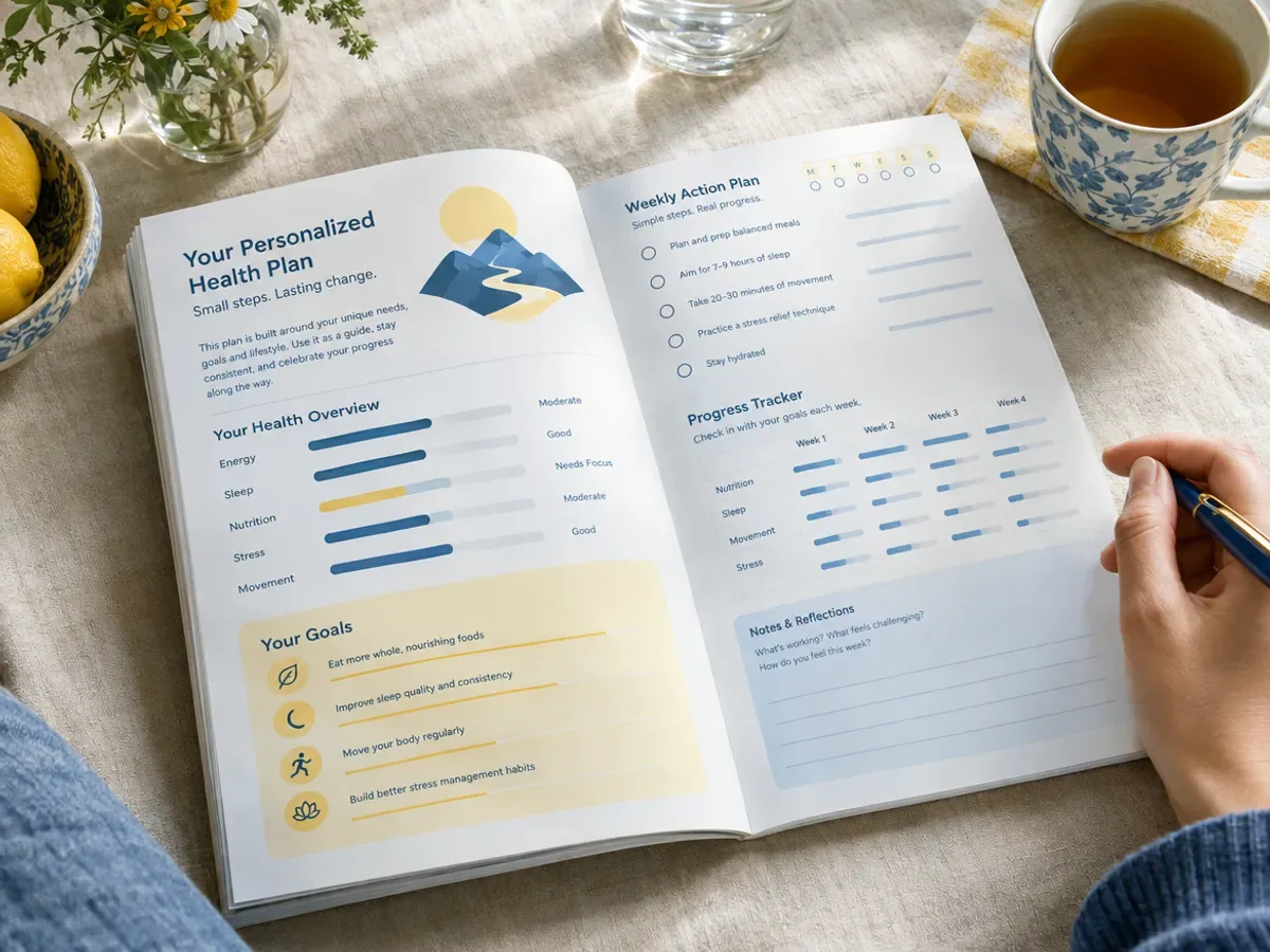 A personalized health plan booklet open on a table beside a cup of tea