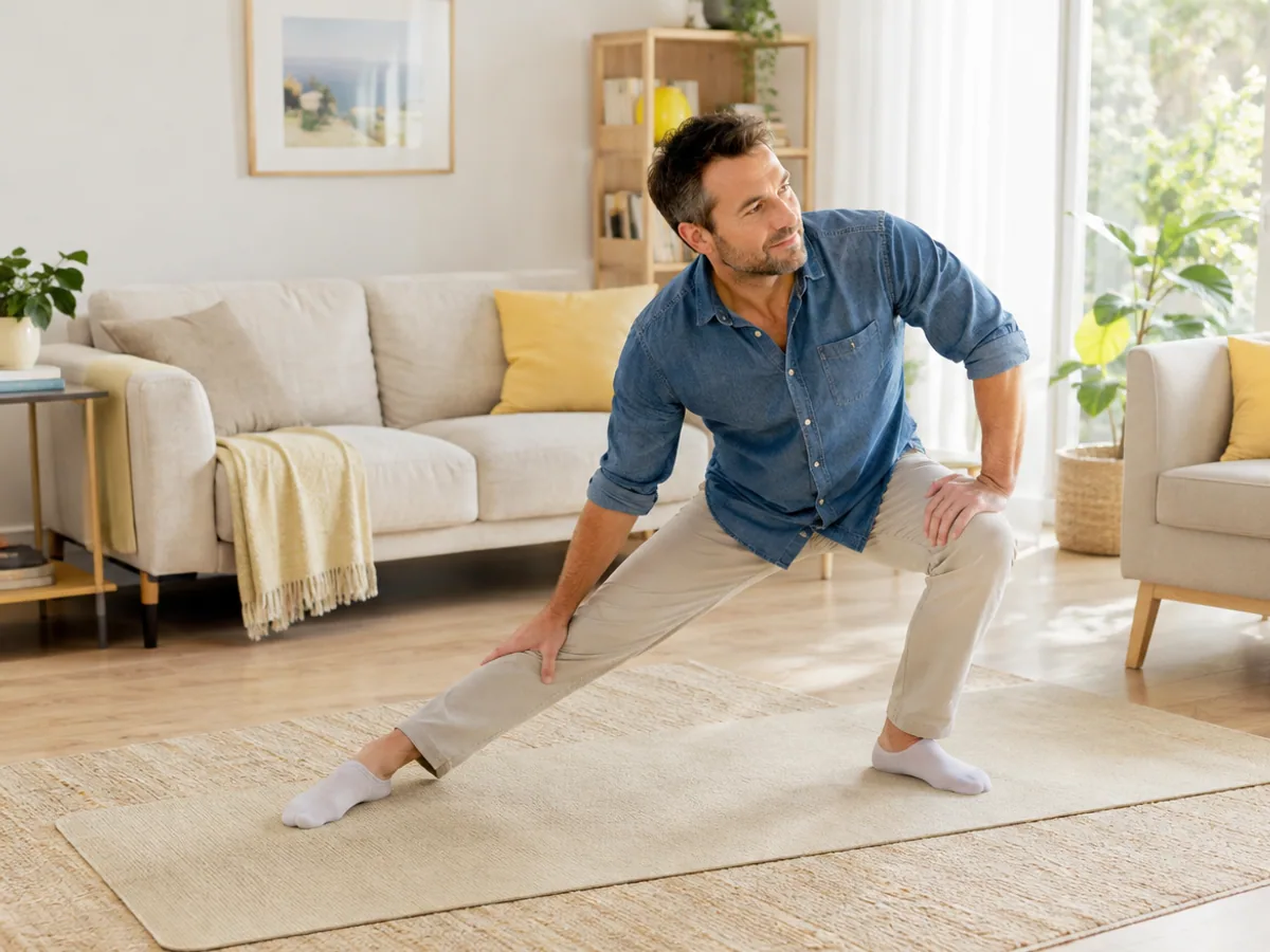A man doing gentle stretches on a mat in a bright living room