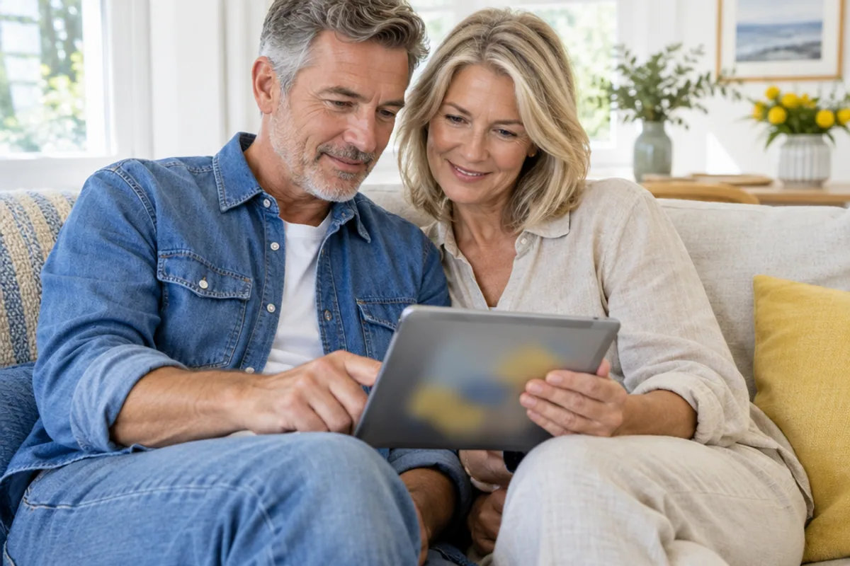 A couple on a sofa reviewing program information together on a tablet