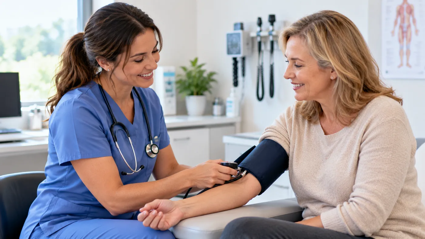 A nurse checking a patient's blood pressure in a bright room