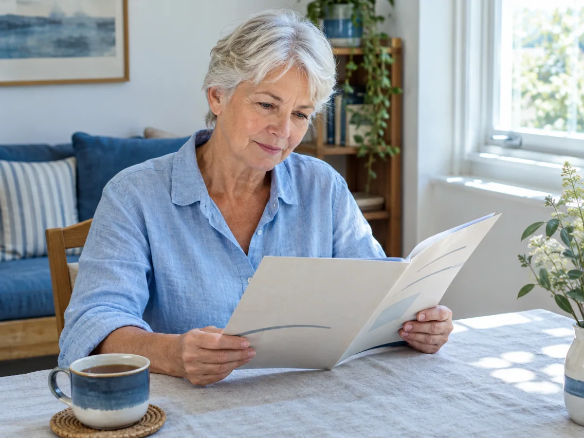 An older woman reading a program information folder at a table with tea